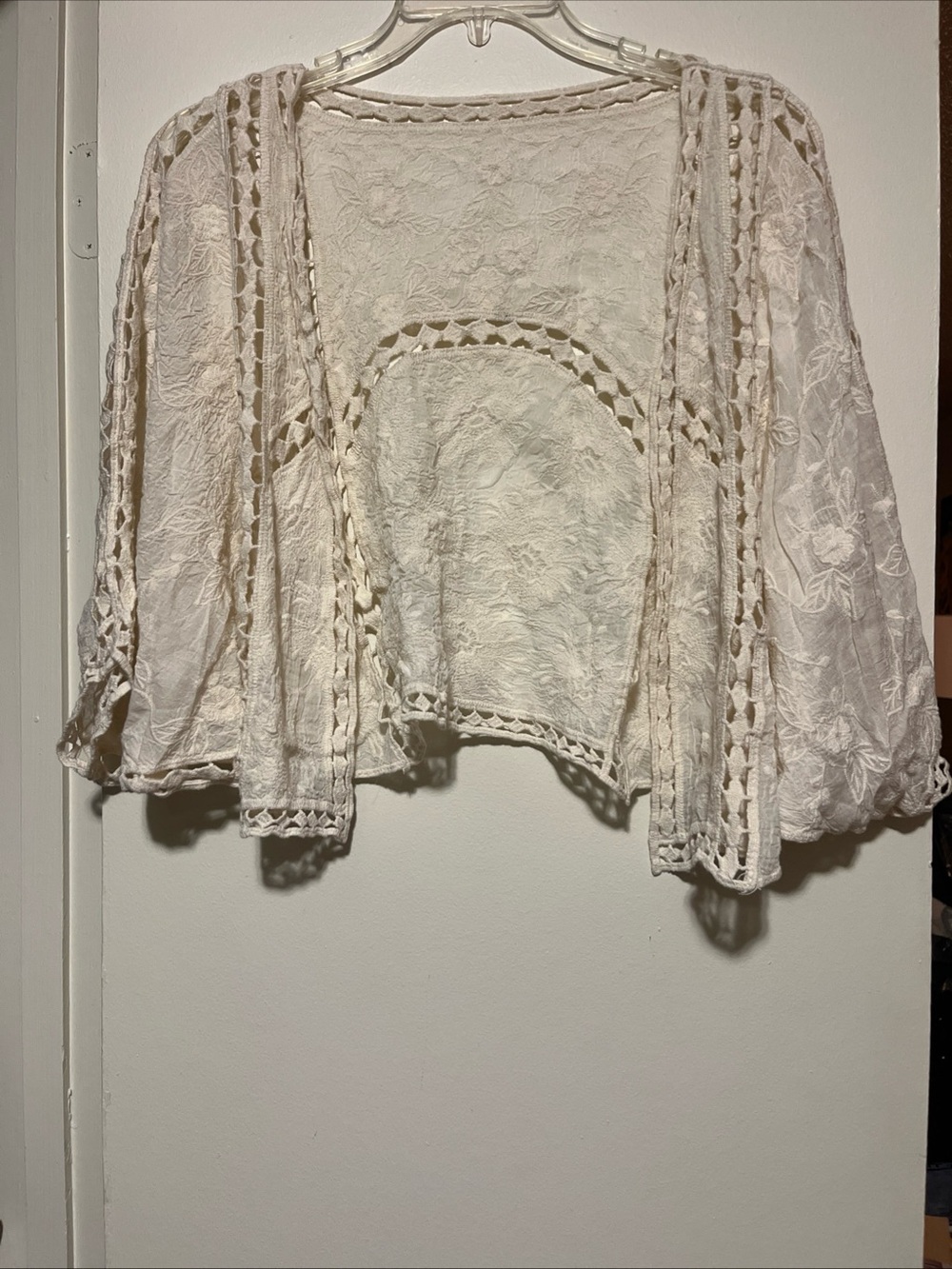 Cream Lace Crochet-Trim Open Kimono Tunic